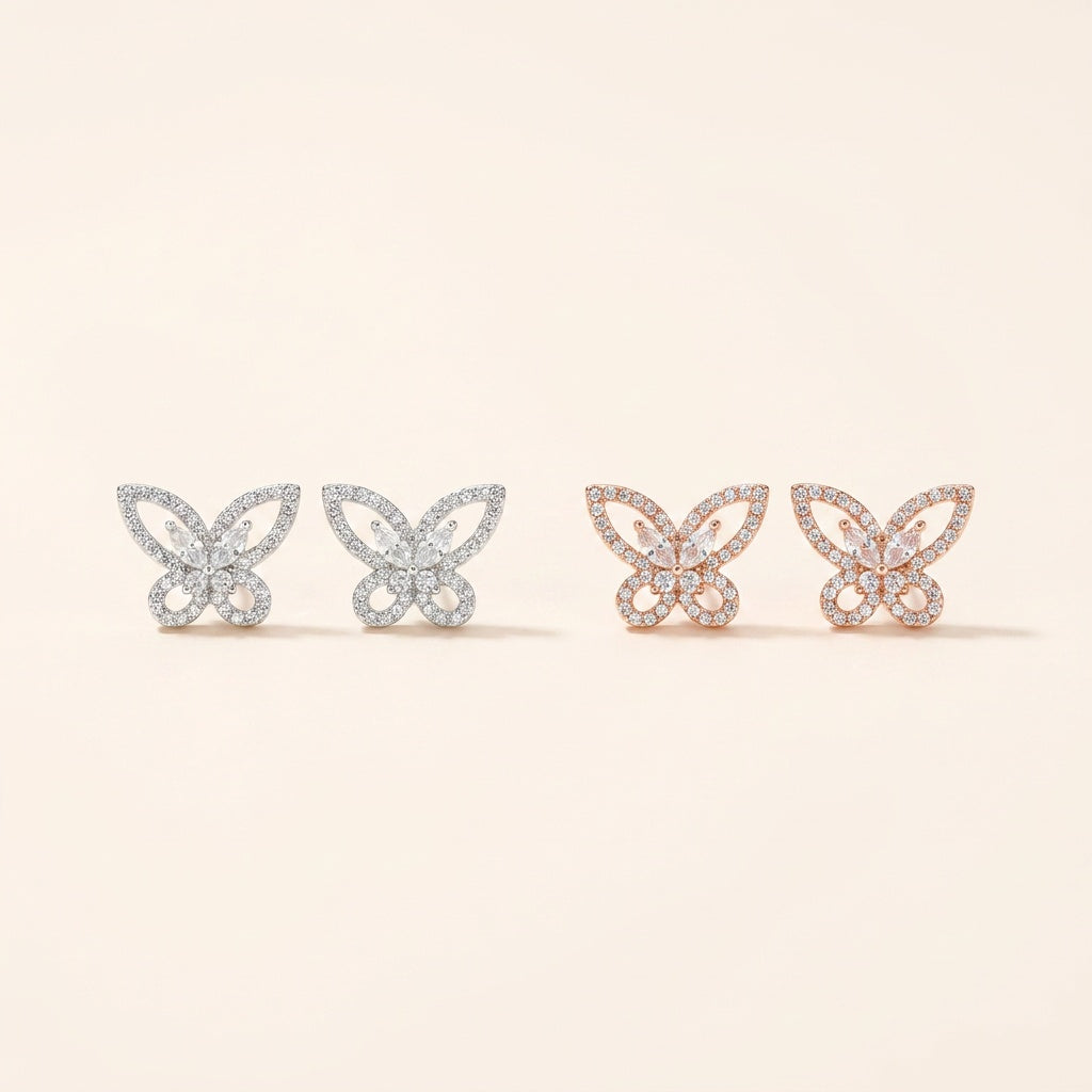 나비 큐빅 스터드 귀걸이 실버 로즈골드 컬러 비교 — Märchen Jewelry